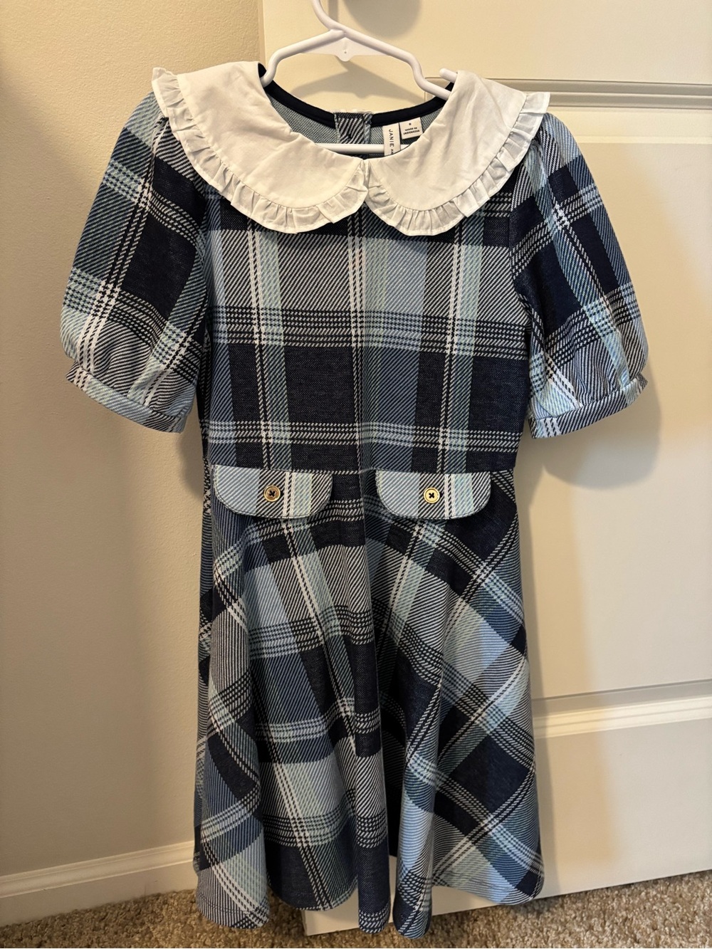 Blue Plaid Puff Sleeve Dress with White Peter Pan Collar